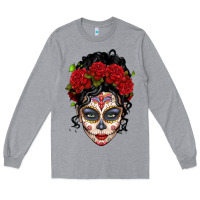 Heather Grey mexican sugar skull messy bun woman Long Sleeve Tee - LillyAllenDesigns