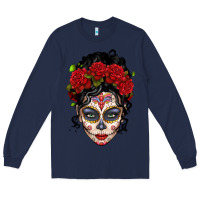 Navy mexican sugar skull messy bun woman Long Sleeve Tee - LillyAllenDesigns