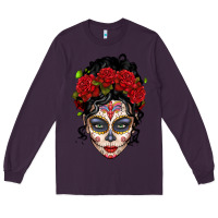 Plum mexican sugar skull messy bun woman Long Sleeve Tee - LillyAllenDesigns