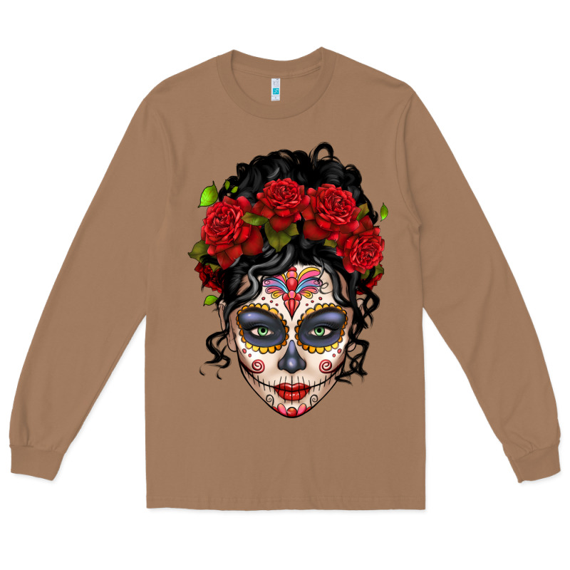 Mexican Sugar Skull Messy Bun Woman Long Sleeve Tee by LillyAllenDesigns | Teevron