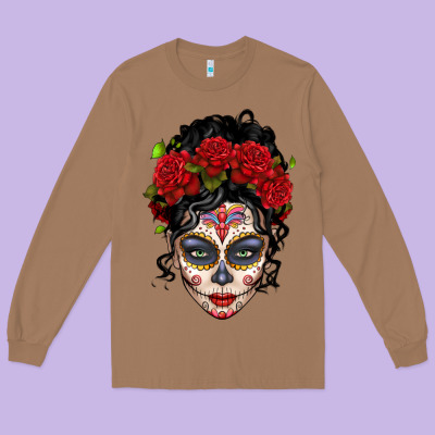Mexican Sugar Skull Messy Bun Woman Long Sleeve Tee Designed By Lillyallendesigns