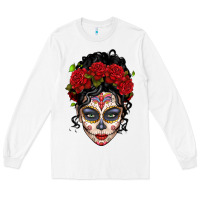 White mexican sugar skull messy bun woman Long Sleeve Tee - LillyAllenDesigns