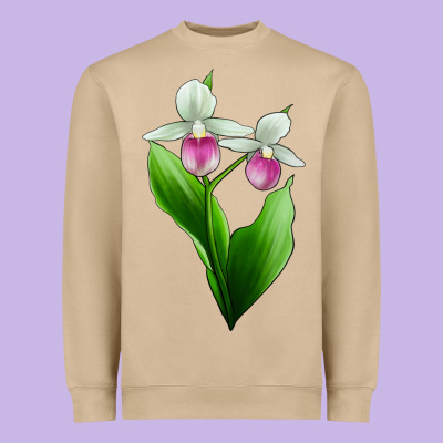 Pink And White Lady's Slipper Flower Heavyweight Sweatshirt Designed By Lillyallendesigns