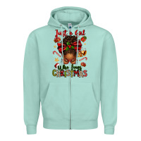 Seafoam just a girl who loves christmas afro messy bun Zipper Hoodie - texasbilliewilder