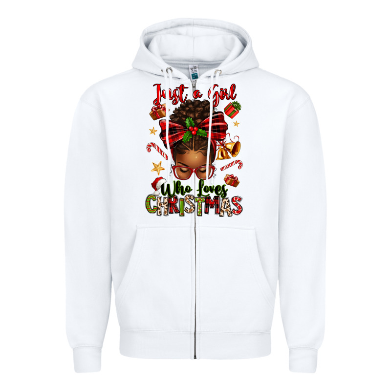 Just A Girl Who Loves Christmas Afro Messy Bun Zipper Hoodie by texasbilliewilder | Teevron