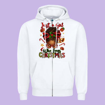 Just A Girl Who Loves Christmas Afro Messy Bun Zipper Hoodie Designed By Texasbilliewilder