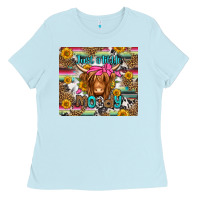 Baby Blue just a little moody long haired cow Ladies Tee - Jasminsmagicworld