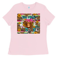 Bubblegum Pink just a little moody long haired cow Ladies Tee - Jasminsmagicworld