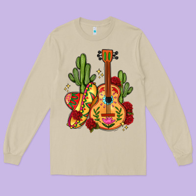 Mexican Guitar Long Sleeve Tee Designed By Lillyallendesigns