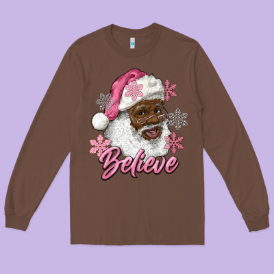 Pink Christmas African American Santa Believe Long Sleeve Tee Designed By Ranaportraitstore