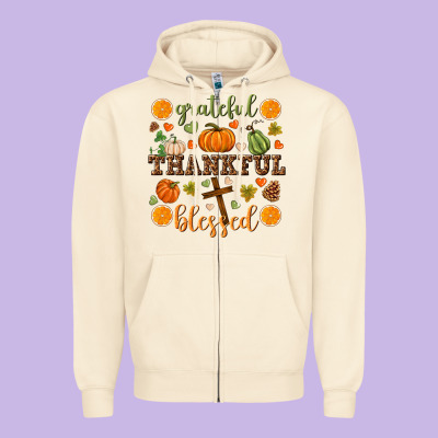 Grateful Thankful Blessed Zipper Hoodie Designed By Nancycooperartshop
