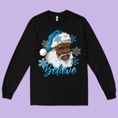 Winter Christmas African American Santa Believe Long Sleeve Tee Designed By Ranaportraitstore