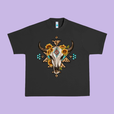 Bull Skull With Aztec Sunflower Leopard Urban Heavy Tee Designed By Maliassmallbusiness