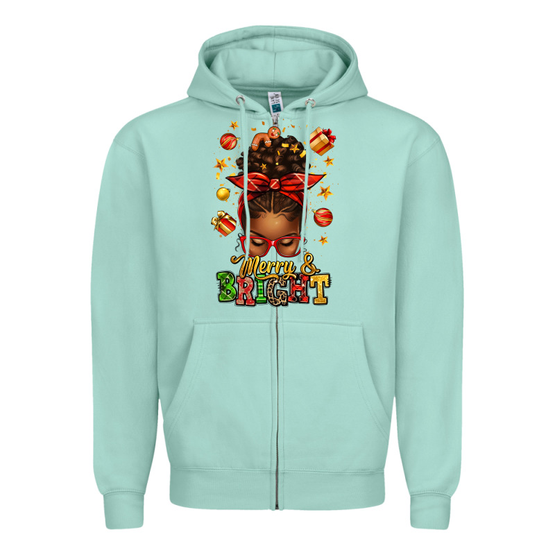 Merry And Bright Christmas Afro Messy Bun Zipper Hoodie by texasbilliewilder | Teevron
