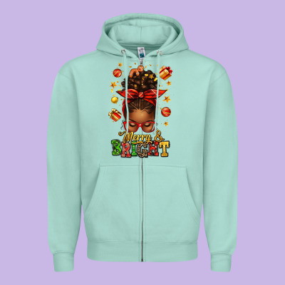 Merry And Bright Christmas Afro Messy Bun Zipper Hoodie Designed By Texasbilliewilder