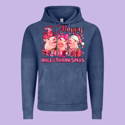 Happy Hallothanksmas Pigs Pink Vintage Hoodie Designed By Nancycooperartshop
