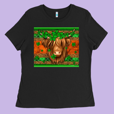 St Patricks Day Long Haired Cow Ladies Tee Designed By Jasminsmagicworld