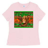 Bubblegum Pink st patricks day long haired cow Ladies Tee - Jasminsmagicworld
