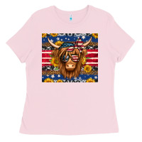 Bubblegum Pink 4th of july longhaired cow tumbler Ladies Tee - Jasminsmagicworld