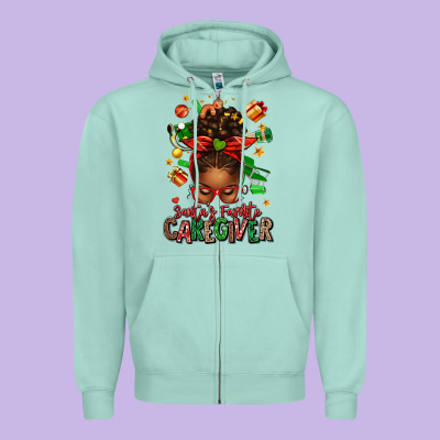 Santas Favorite Caregiver Afro Messy Bun Zipper Hoodie Designed By Texasbilliewilder