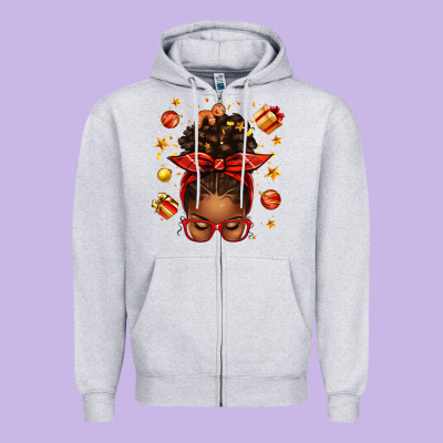 Christmas Afro Messy Bun Zipper Hoodie Designed By Texasbilliewilder