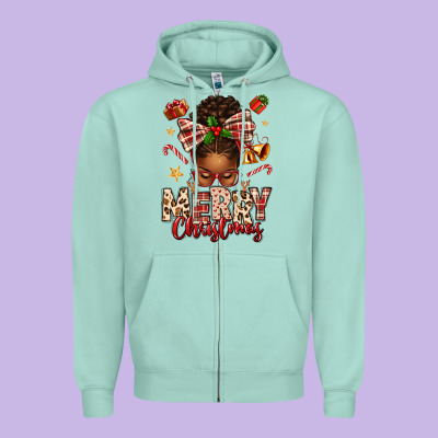 Merry Christmas Afro Messy Bun Zipper Hoodie Designed By Texasbilliewilder
