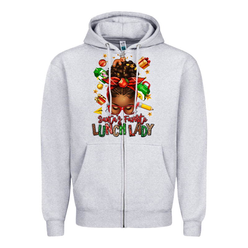Santas Favorite Lunch Lady Afro Messy Bun Zipper Hoodie by texasbilliewilder | Teevron