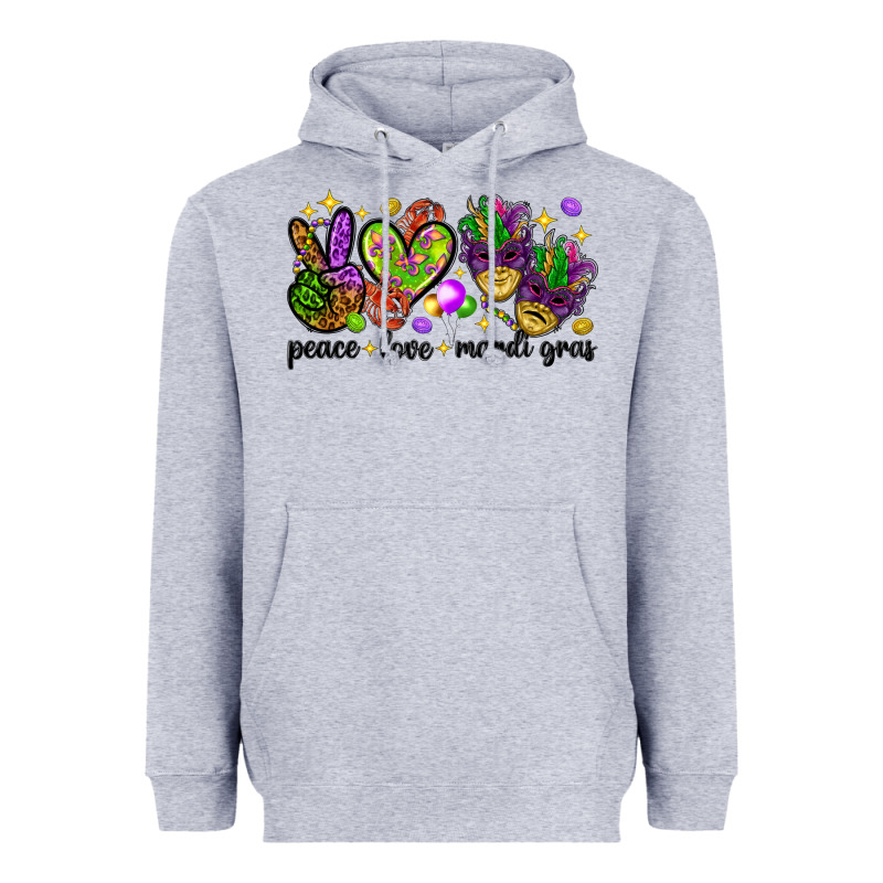Peace Love Mardi Gras Heavyweight Hoodie by HowdyJamesFarm | Teevron