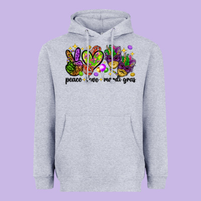 Peace Love Mardi Gras Heavyweight Hoodie Designed By Howdyjamesfarm