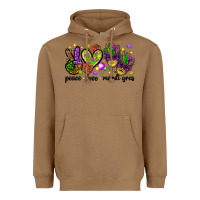 Toasted Coconut Peace Love Mardi Gras Heavyweight Hoodie - HowdyJamesFarm