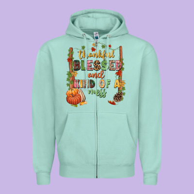 Thankful Blessed And Kind Of A Mess Zipper Hoodie Designed By Nancycooperartshop