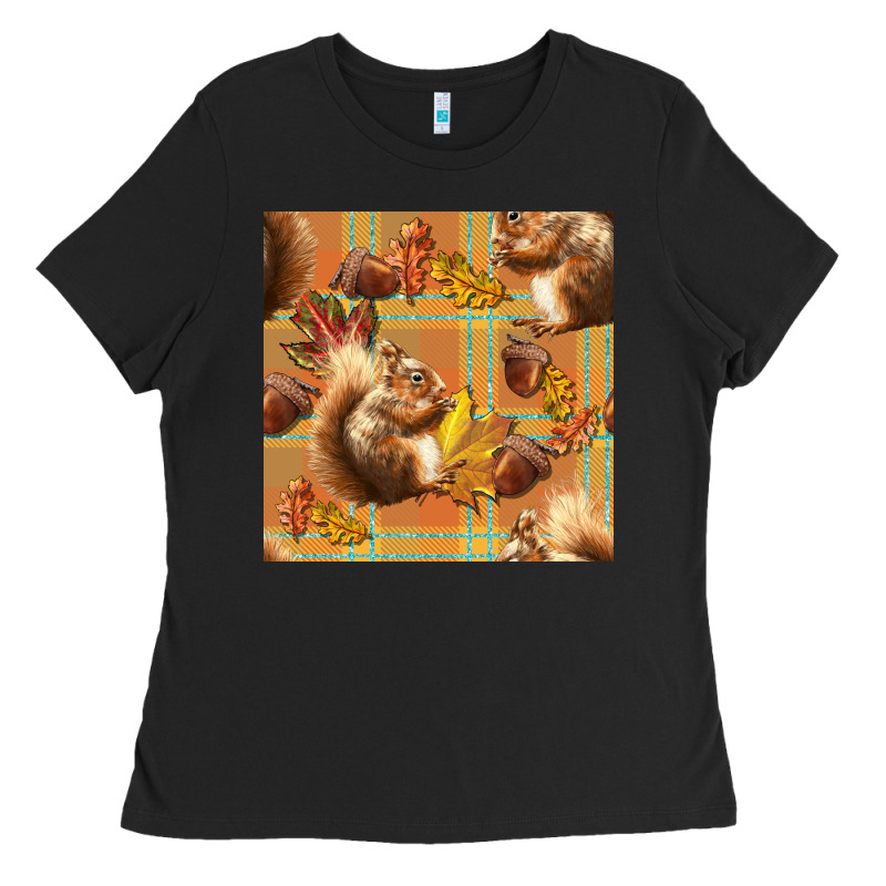 Fall Squirrel And Plaid Seamless Ladies Tee by BundleAndBundleShop | Teevron