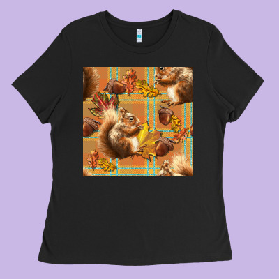 Fall Squirrel And Plaid Seamless Ladies Tee Designed By Bundleandbundleshop