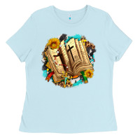 Baby Blue cross with bible and sunflowers Ladies Tee - AdoDesignShop