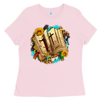 Bubblegum Pink cross with bible and sunflowers Ladies Tee - AdoDesignShop