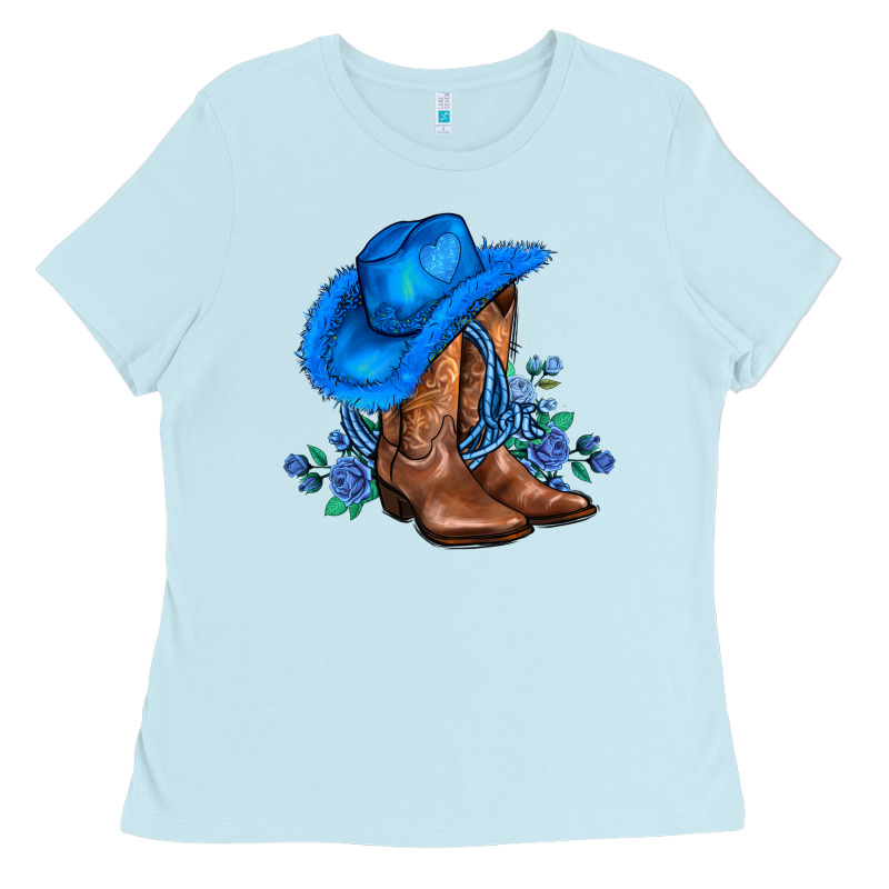 Valentines Day Blue Boots Cowgirl Hat And Roses Ladies Tee by AdoDesignShop | Teevron