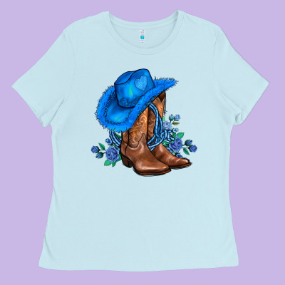 Valentines Day Blue Boots Cowgirl Hat And Roses Ladies Tee Designed By Adodesignshop
