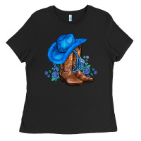 Black valentines day blue boots cowgirl hat and roses Ladies Tee - AdoDesignShop