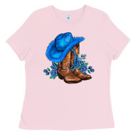 Bubblegum Pink valentines day blue boots cowgirl hat and roses Ladies Tee - AdoDesignShop