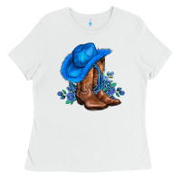 White valentines day blue boots cowgirl hat and roses Ladies Tee - AdoDesignShop