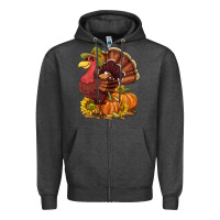 Charcoal Heather Thanksgiving turkey with pumpkin and sunflower Zipper Hoodie - NancyCooperArtShop