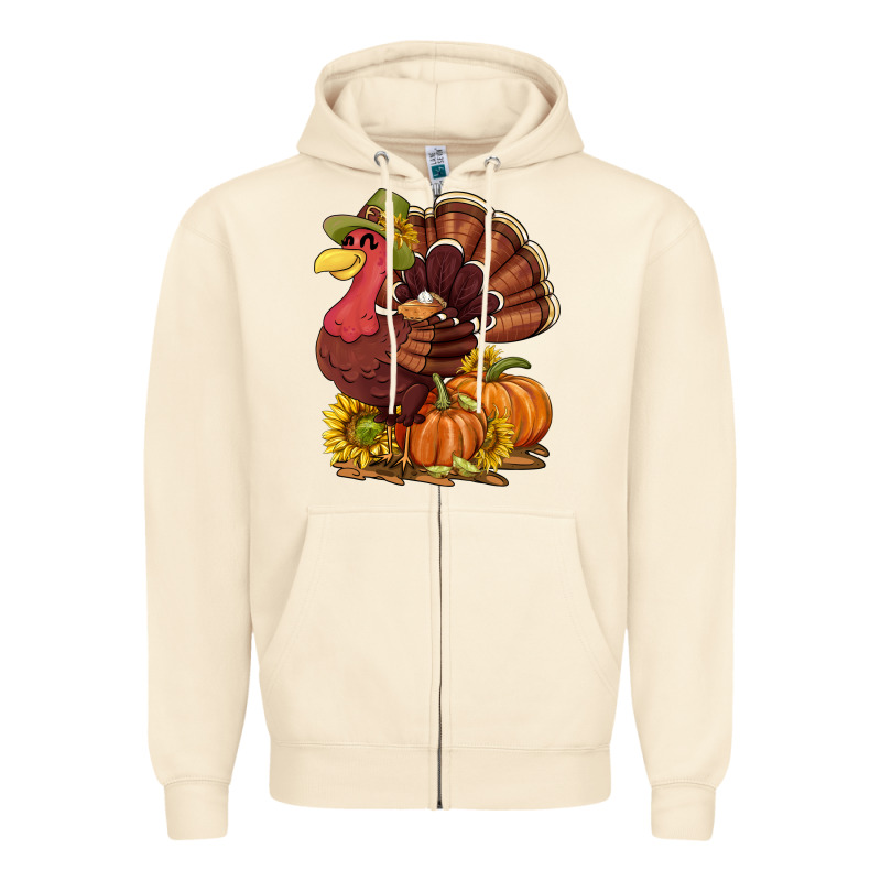 Thanksgiving Turkey With Pumpkin And Sunflower Zipper Hoodie by NancyCooperArtShop | Teevron