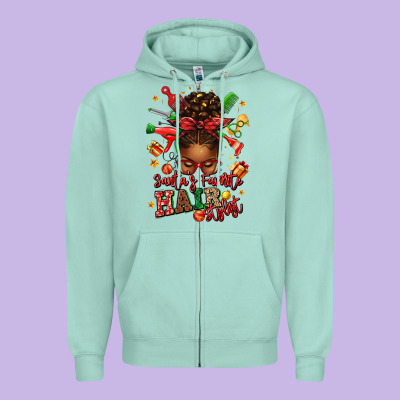 Santas Favorite Hair Stylist Afro Messy Bun Zipper Hoodie Designed By Texasbilliewilder