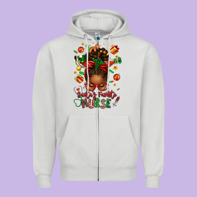 Santa's Favorite Nurse Afro Messy Bun Zipper Hoodie Designed By Texasbilliewilder