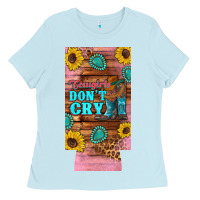 Baby Blue cowgirls don't crty boots hat sunflowers 12 oz can cooler  (slim) Ladies Tee - Artiststas