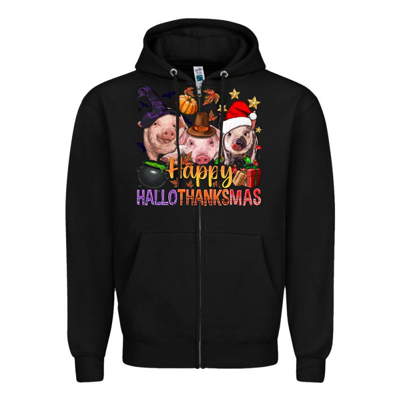 Happy Hallothanksmas Pigs Zipper Hoodie by NancyCooperArtShop | Teevron