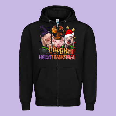 Happy Hallothanksmas Pigs Zipper Hoodie Designed By Nancycooperartshop