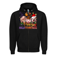 Black Happy Hallothanksmas Pigs Zipper Hoodie - NancyCooperArtShop