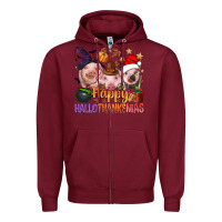 Burgundy Happy Hallothanksmas Pigs Zipper Hoodie - NancyCooperArtShop