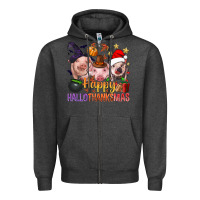 Charcoal Heather Happy Hallothanksmas Pigs Zipper Hoodie - NancyCooperArtShop